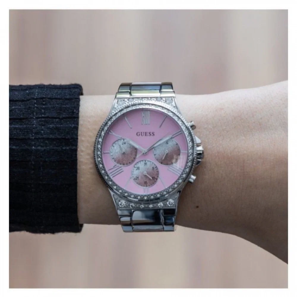 New GUESS Silver & Pink Chronograph Watch